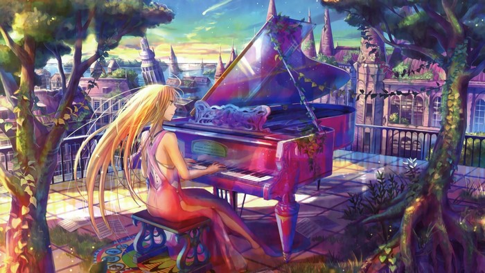 Girl playing piano in a fantasy city