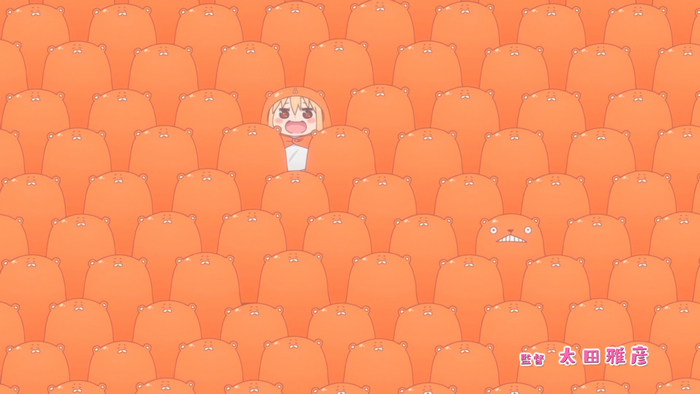 Umaru Chan surrounded by orange bear-like characters