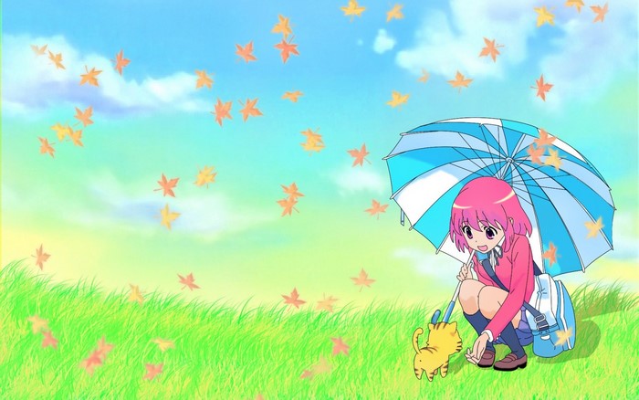 Minori Kushieda from Toradora with an umbrella and a cat
