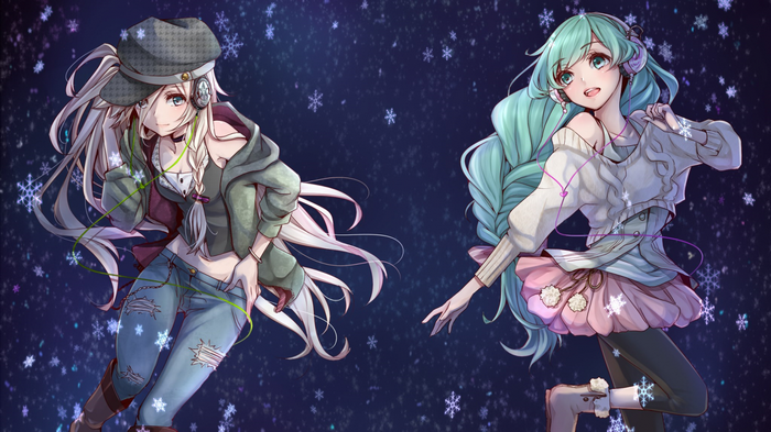Two anime girls with headphones in a snowy background