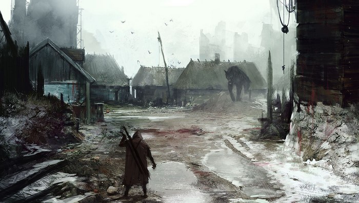 Geralt of Rivia from The Witcher 3 Wild Hunt in a snowy village