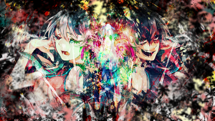 Anime characters with colorful abstract background