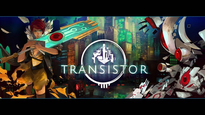 Red haired woman holding a large sword with Transistor logo and robot
