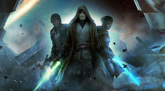 Star Wars characters with lightsabers in space