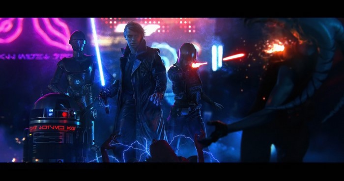 Star Wars characters in a futuristic city