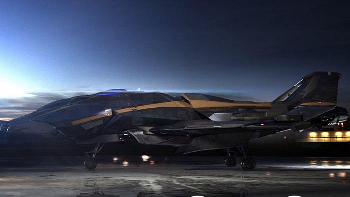 Star Citizen 350r spaceship on tarmac at dusk