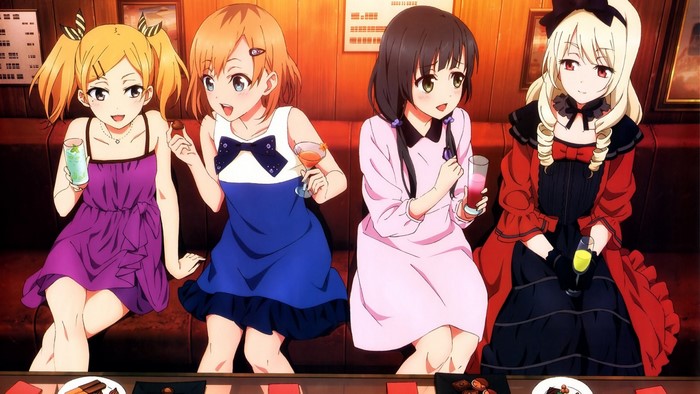 Four anime girls in dresses holding drinks