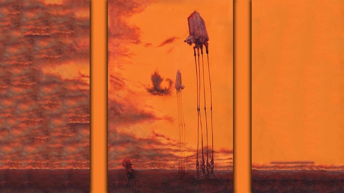 Star Wars AT-AT walkers in a desert sunset
