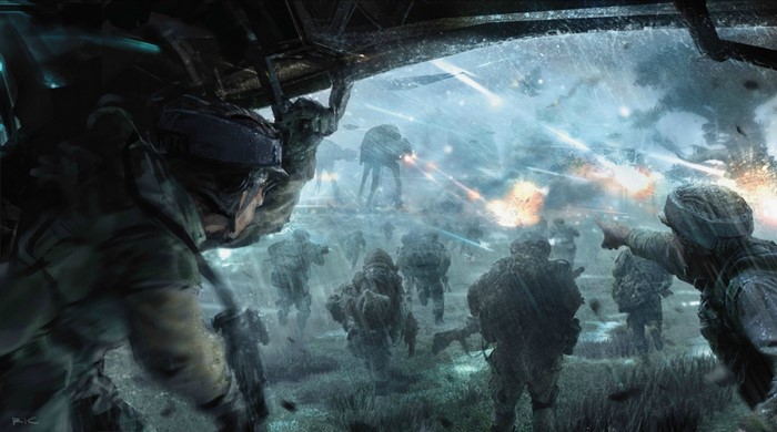 Soldiers in a rainy battle with alien walkers