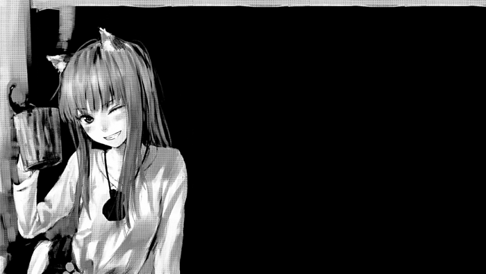 Holo from Spice and Wolf holding a mug