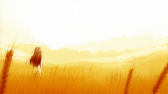 Holo from Spice and Wolf in a wheat field