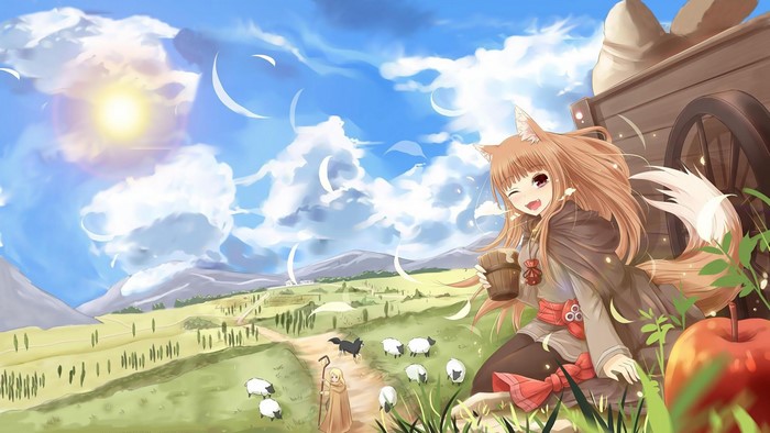 Holo from Spice and Wolf in a pastoral landscape