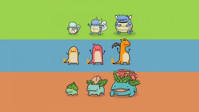 Pokemon evolution lines: Squirtle, Charmander, Bulbasaur