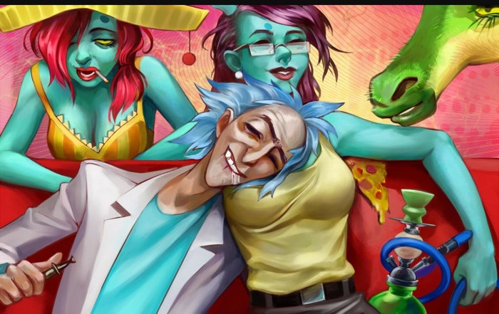 Rick Sanchez and two alien women with a giraffe