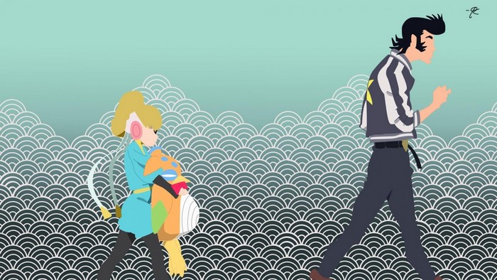 Space Dandy characters walking with a wave pattern background