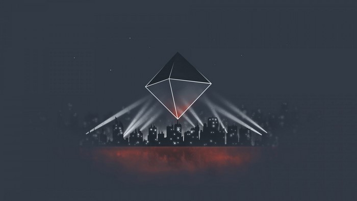 Ramiel from Neon Genesis Evangelion over a city