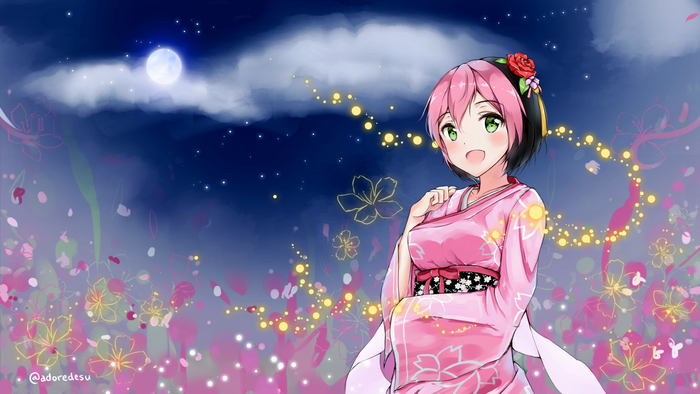 Anime girl in pink yukata under the moon