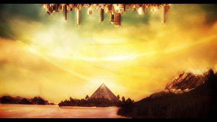 Upside down city over a pyramid and mountains