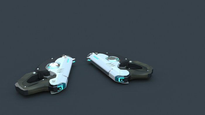 Two futuristic pistols on a dark background