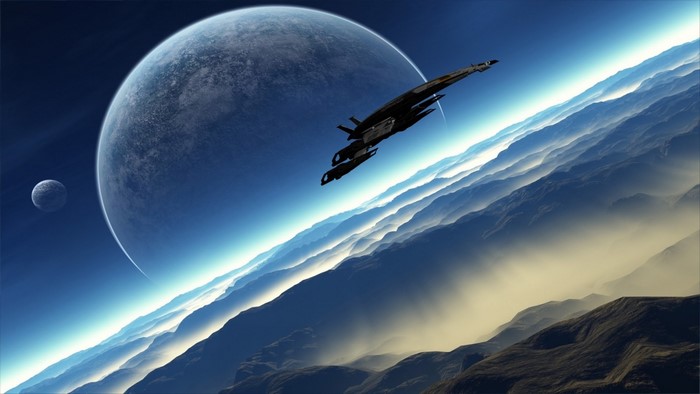 Spaceship flying over a planet with a moon