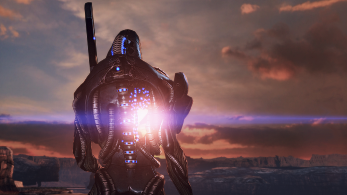 Legion from Mass Effect on a rocky planet at sunset