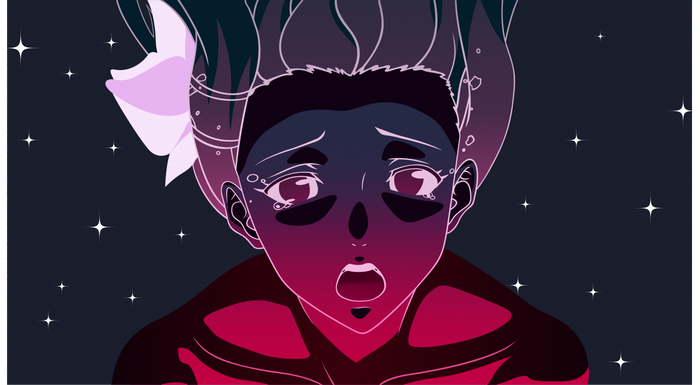 A character with dark hair and a pink bow falling