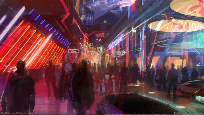 Mass Effect 2 neon nightclub street scene