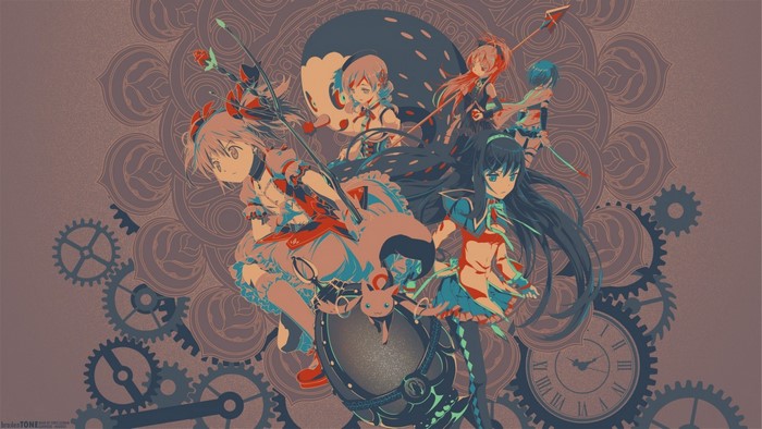 Mahou Shoujo Madoka Magica characters with gears and clockwork background