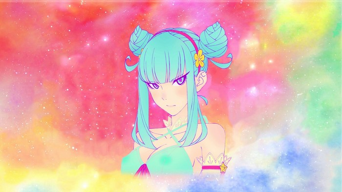 Girl with blue hair and buns in colorful nebula