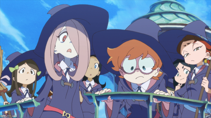 Little Witch Academia characters on a balcony