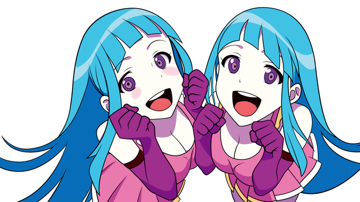 Two anime girls with blue hair and purple eyes