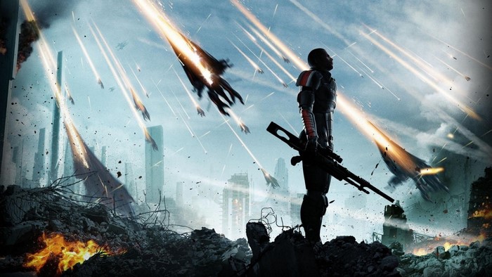 Commander Shepard in Mass Effect during an attack