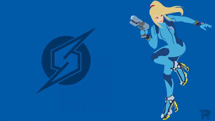 Samus Aran from Metroid with a logo