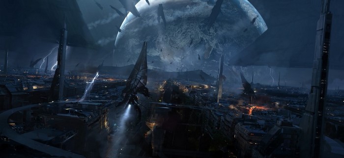 Mass Effect screenshot of a futuristic city under a stormy sky
