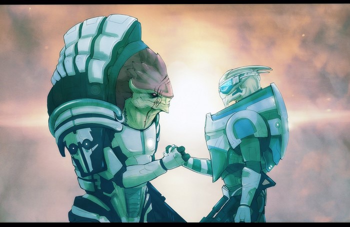 Two aliens from Mass Effect shaking hands
