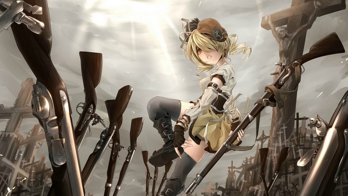 Mami Tomoe from Puella Magi Madoka Magica surrounded by rifles