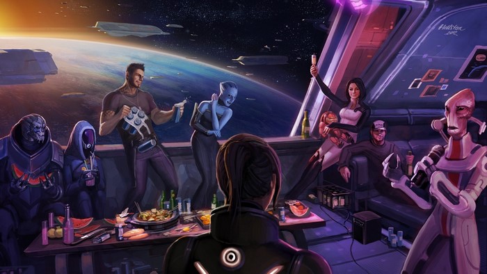 Mass Effect characters celebrating on a spaceship deck