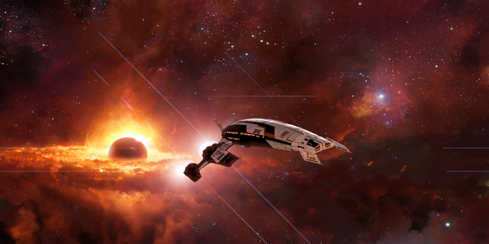 Spaceship near a nebula and a celestial body