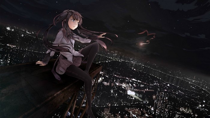 Anime girl sitting on a rooftop at night overlooking a city