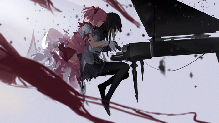 Madoka Magica characters playing piano