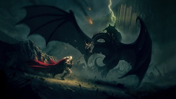 Dragon rider attacking a knight from The Lord of the Rings