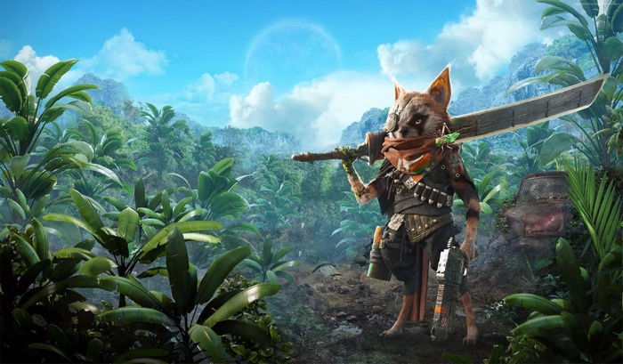 Biomutant character with sword and gun in jungle
