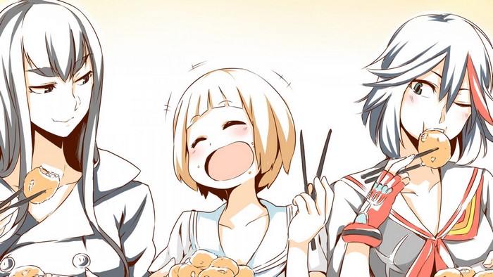 Matoi Ryuuko, Kiryuin Satsuki, and Mako Mankanshoku from Kill la Kill eating