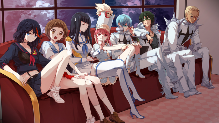 Characters from Kill la Kill sitting on a couch
