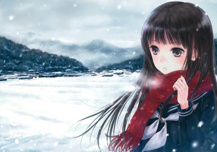 Anime girl in winter with red scarf