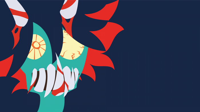 Illustration of a monstrous face with red and teal features