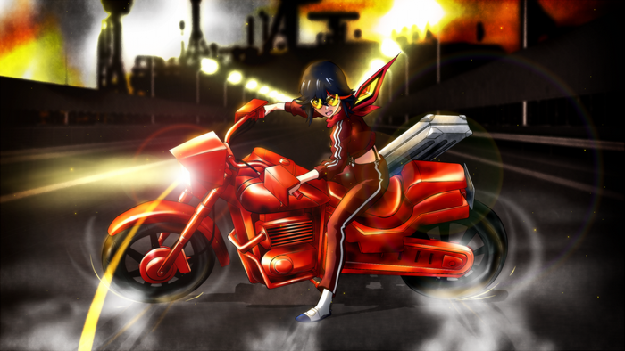 Ryuko Matoi from Kill la Kill on a red motorcycle