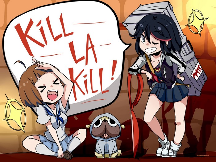 Mako Mankanshoku and Ryuko Matoi from Kill la Kill with a dog