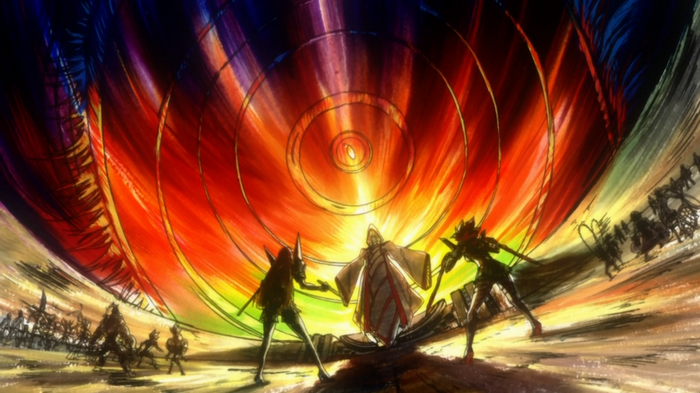Kill la Kill screenshot: Ryuuko, Satsuki, and a figure in a vortex