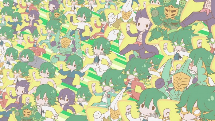 Anime boys in various outfits and mechs